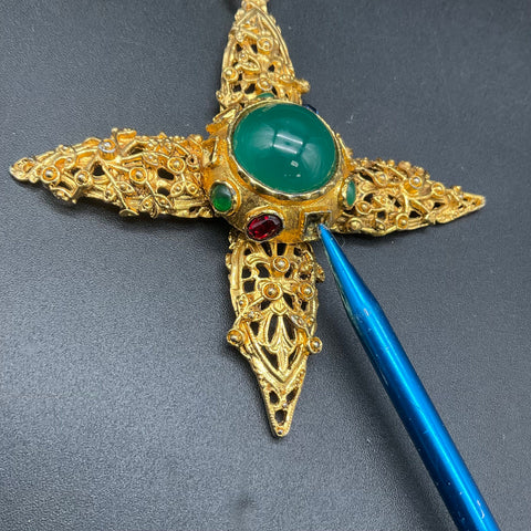 Vintage Etruscan Revival Gold Tone Fob Necklace & Cabochon Cross Pendant Lot