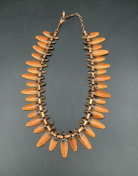 Vintage Signed Matisse Copper Black Enamel Nefertiti Bib Necklace Mid-Century