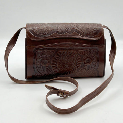Vintage Brown Hand Tooled Floral Leather Western Crossbody Shoulder Bag