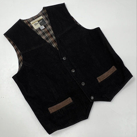 Vintage 90s Wrangler Plaid Lined Black Denim Cinch Back Vest Sz L