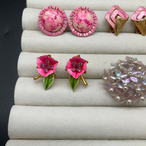 Vintage Floral Enamel Clip On Earrings Lot of 7 Pairs Mid-Century Retro Styles