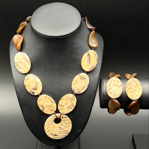 Chunky Natural Stone Beaded Necklace & Bracelet 3pc Set Brown Tan Vintage