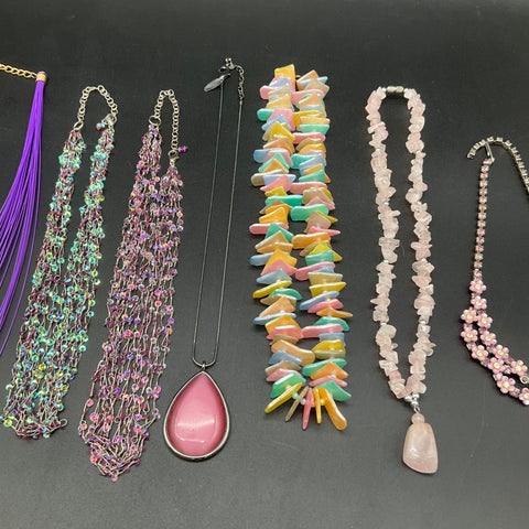 Vintage to Modern Costume Jewelry Lot 10 Necklaces 1 Pair Earrings Pink Purple