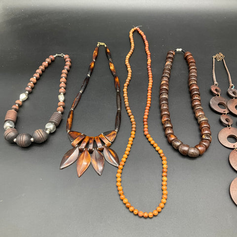Vintage Boho Natural Wood Beaded Statement Necklaces Jewelry Lot of 7