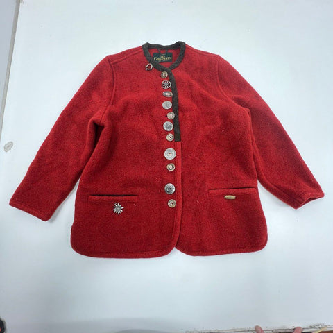 Vintage Giesswein Red Boiled Wool Austrian Trachten Jacket Cardigan Women's 16