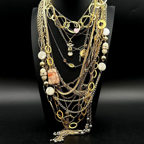 Vintage to Modern Costume Jewelry Necklace Lot Gold Tone Pendants Beaded 15+ Pc
