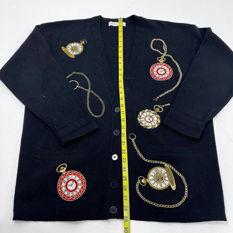 Vintage 90s Jones New York Women's Black Pocket Watch Embroidered Cardigan
