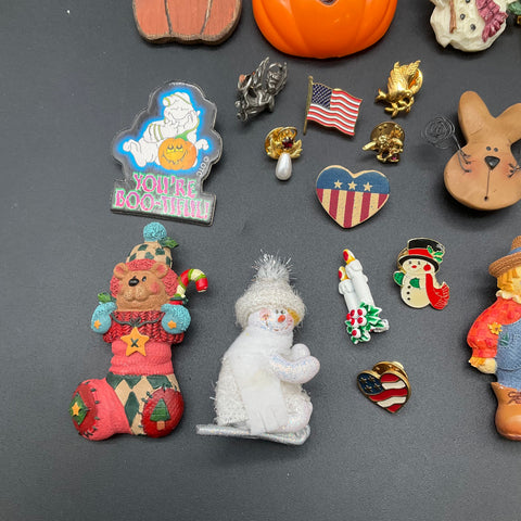 Holiday Novelty Jewelry Pin Lot 25+ Christmas Halloween Patriotic Enamel Resin