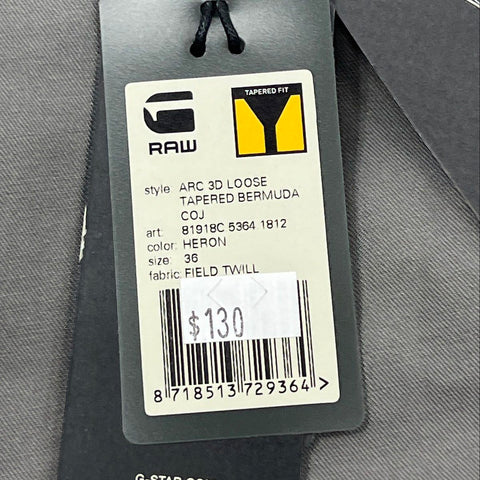 G-Star Raw Men's Arc 3D Loose Tapered Bermuda Shorts Heron Gray NWT Sz 36