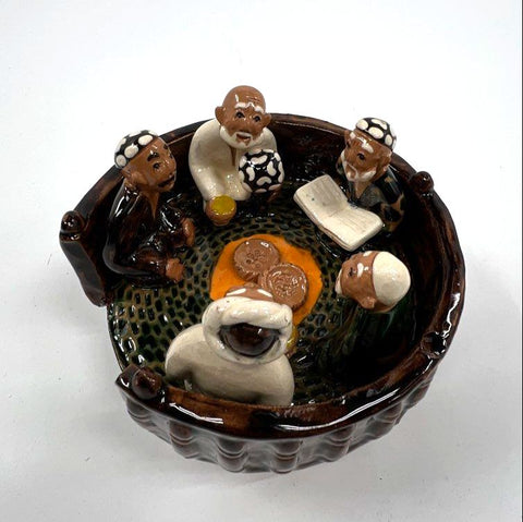 Ceramic Central Asian Tapchan Figurine Men Gathering Hand-Painted With Box