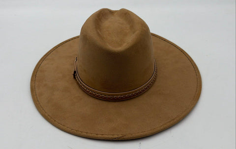ASN Tan Faux Suede Wide Brim Fedora Hat Paisley Lining Braided Band Sz M