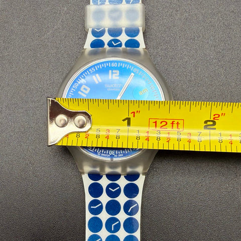 Vintage 2004 Swatch Swiss Quartz Watch Blue Dial AM/PM Indicator Dotted Strap