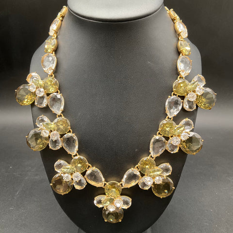 J. Crew Crystal Statement Necklace Gold Tone Yellow Clear Cluster Signed 18"