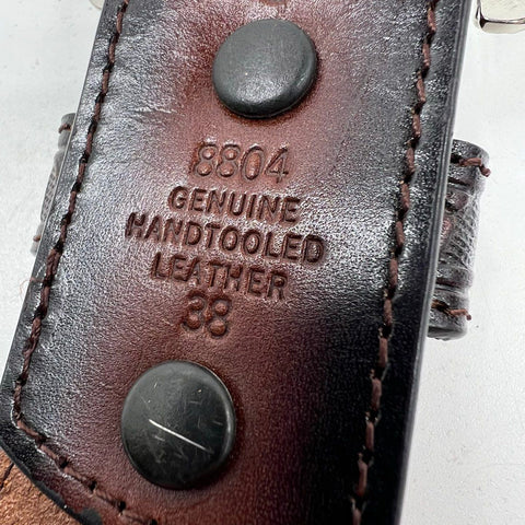 3D Belt Co Brown Hand Tooled Leather Beaded Western Belt Silver Buckle Sz 38