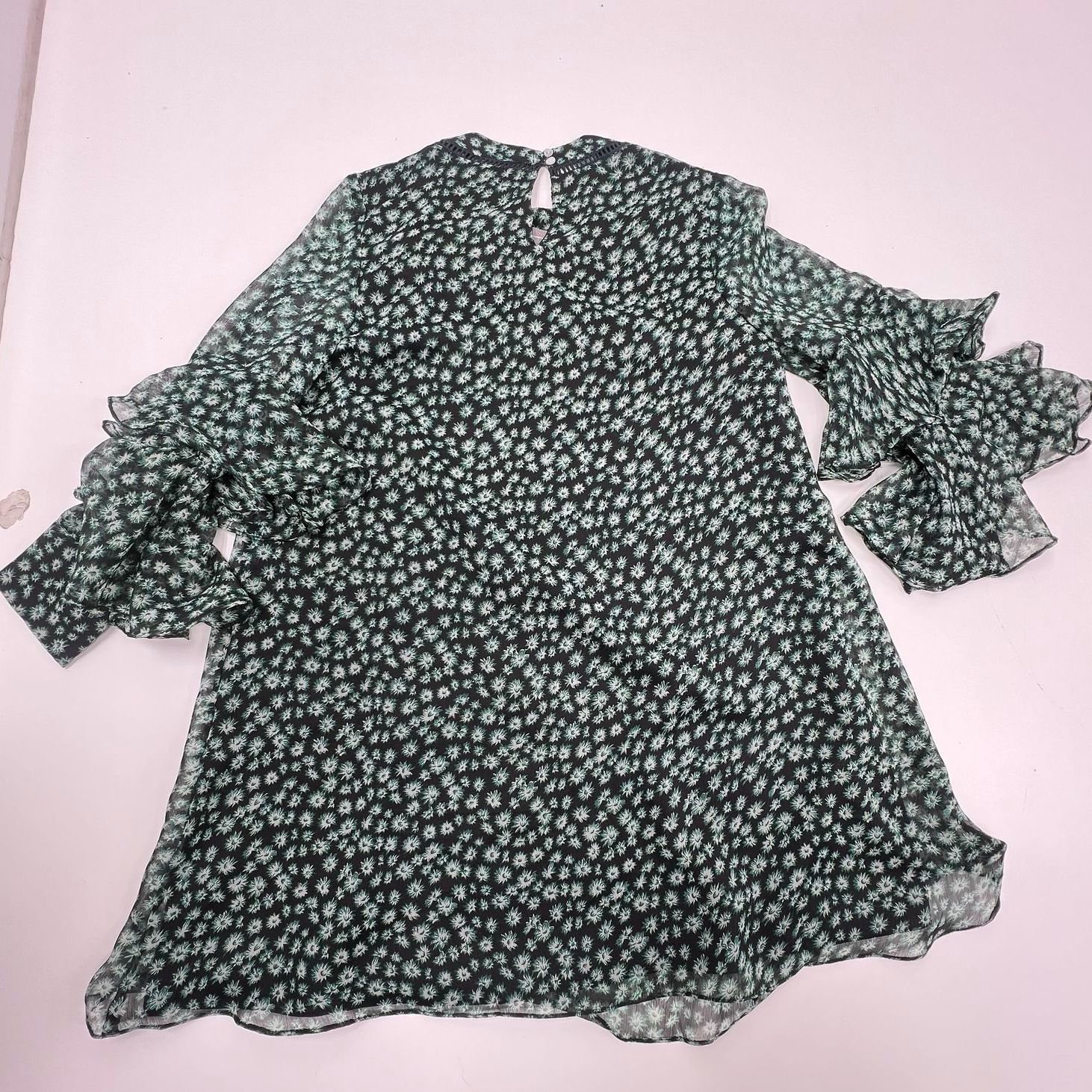 Ranna Gill Anthropologie Mirrored Floral Ruffle Sleeve Dress Womens M NWT