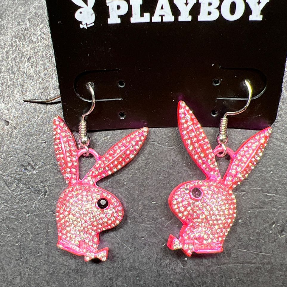 Spencer's Pink Rhinestone Playboy Bunny Dangle Earrings