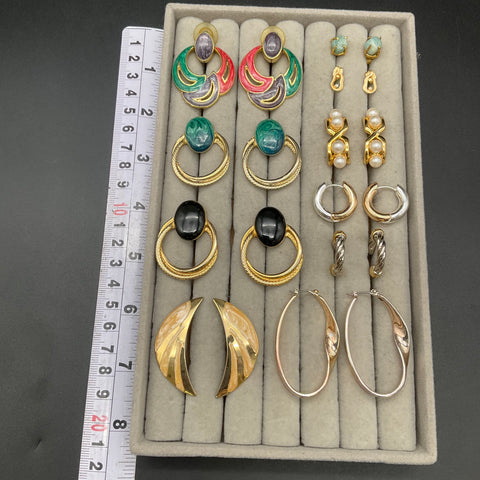 Vintage Costume Jewelry Lot of 9 Pairs Earrings Hoops Studs Enamel Faux Pearl