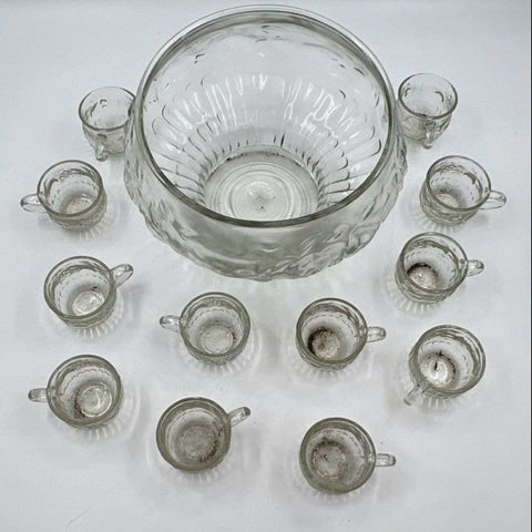 Vintage Pressed Glass Grape Pattern 13 Piece Punch Bowl Set Clear