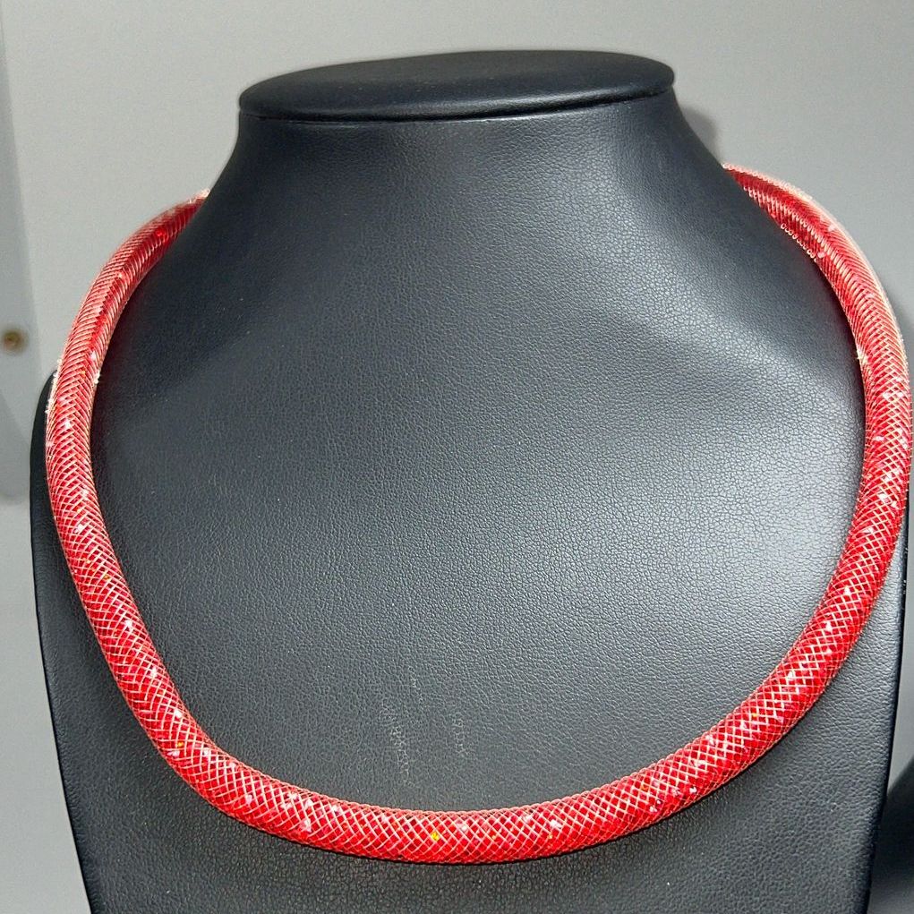 Red Crystal Brass Mesh Necklace NIB