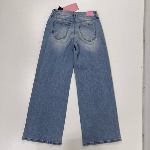 Juicy Couture Womens Blue Wide Leg Jeans Pink Bow Applique Pearl Detail NWT Sz 3