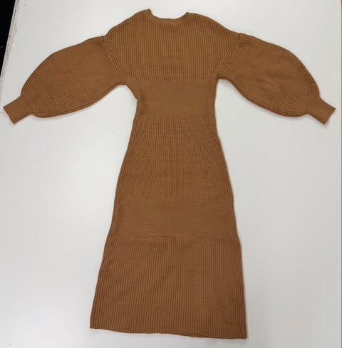 Staud Women's Camel Ribbed Knit Balloon Sleeve V-Neck Sweater Dress Sz S