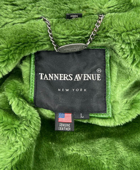 Vintage 90s Tanners Avenue Green Leather Faux Fur Lined Hooded Jacket Sz L