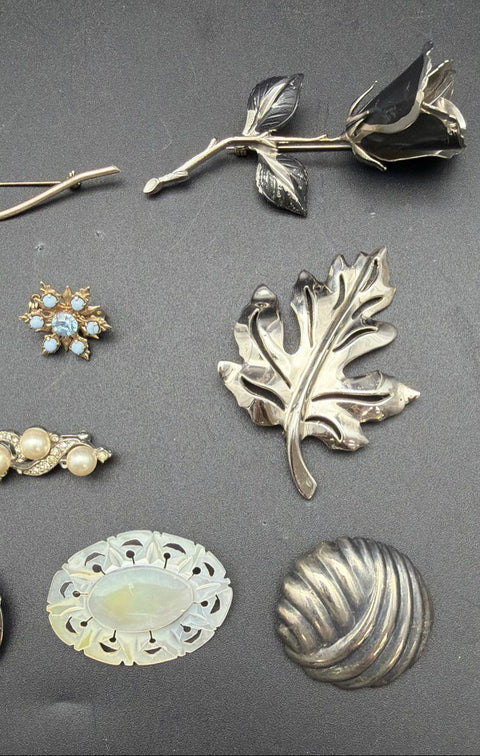 Vintage Costume Jewelry Lot 8pc Italy Silver Brooch Poppy Leaf Faux Pearl