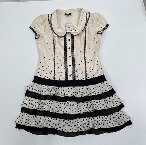 Bebe NWT Franki Pristine Cream Heart Print Silk Lace Collar Dress Women's S