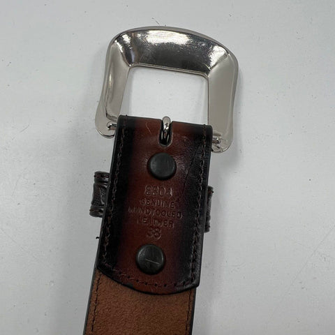 3D Belt Co Brown Hand Tooled Leather Beaded Western Belt Silver Buckle Sz 38