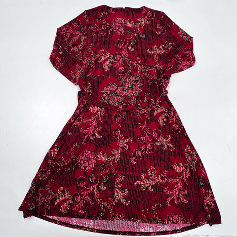 Kasper Women's Dress Red Black Multi Floral Pleated Neck Self-Tie Belt Sz 18W