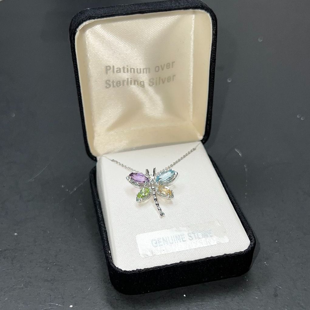 Platinum Over Sterling Silver Gemstone Dragonfly Necklace 3.28g NIB