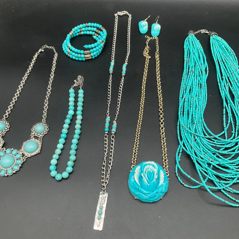 Turquoise Style Beaded Statement Jewelry Lot 8pc Boho Western Necklaces Bracelet