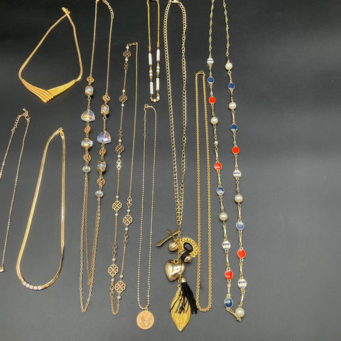 Gold Tone Vintage Style Necklaces Jewelry Lot of 10 Charms Enamel Herringbone