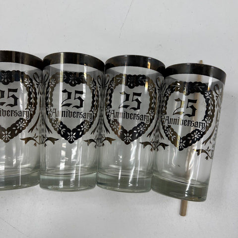 Vintage 25th Anniversary Glasses Set of 6 Silver Trim Tumblers With Wire Caddy
