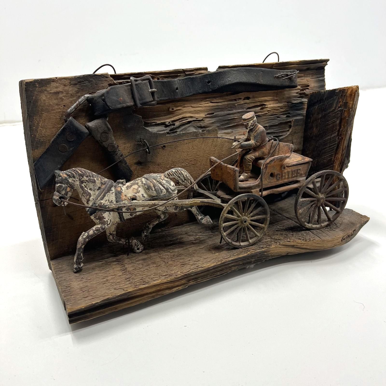 Vintage Cast Iron Police Chief Wagon Horse Primitive Folk Art Wood Display