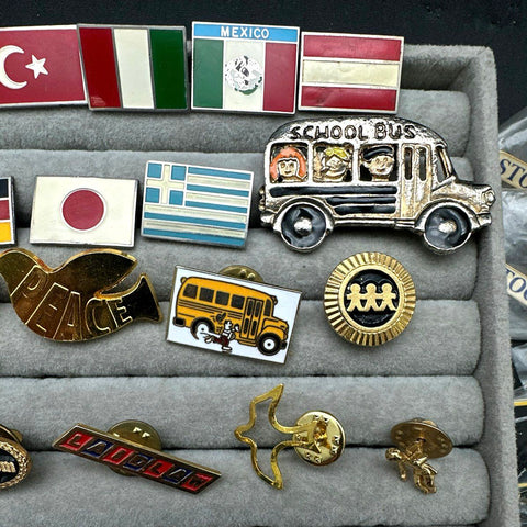 Vintage to Modern Lapel Pin Lot International Flags Bees School Transportation