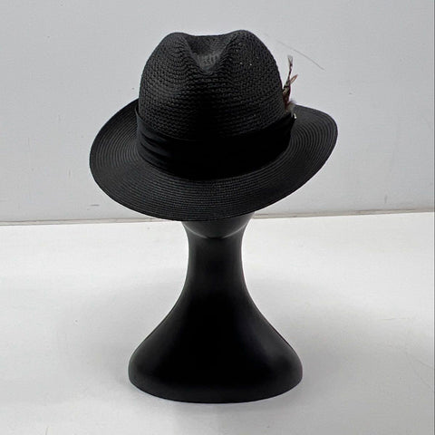 Stacy Adams Men's Black Braided Woven Fedora Hat Feather Trim Sz M