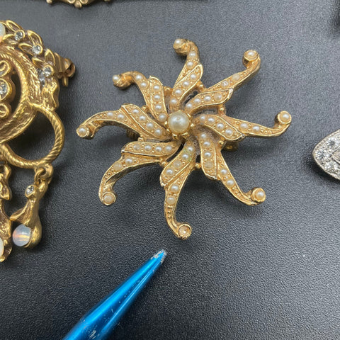 Vintage Victorian Revival Jewelry Lot of 6 Brooches Rhinestone Pearl Gold Tone