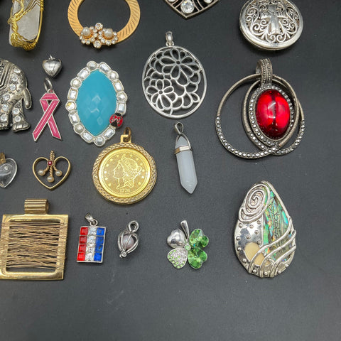 Vintage to Modern Costume Jewelry Pendant Lot 35+ Pc Rhinestone Figural Stones
