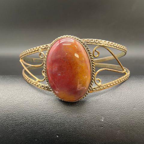 Vintage Gold Tone Red Jasper Stone Cabochon Cuff Bracelet Boho Artisan 7.5"