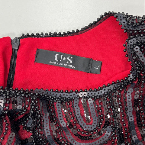U&S Women's Burgundy Black Sequin Beaded Flapper Gatsby Fringe Dress Sz L