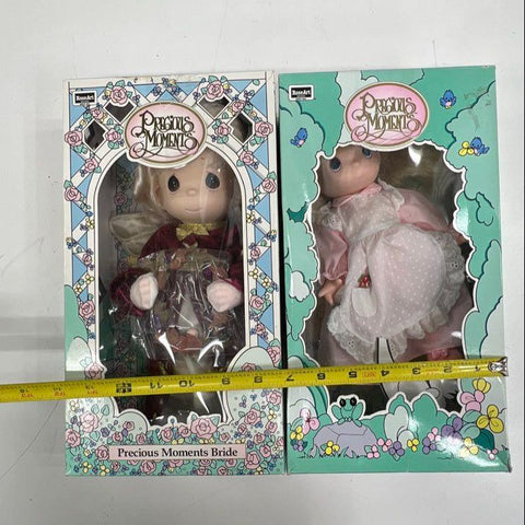 Vintage 1992 RoseArt Precious Moments Dolls Lot of 2 Bride & Pink Dress 9" NIB