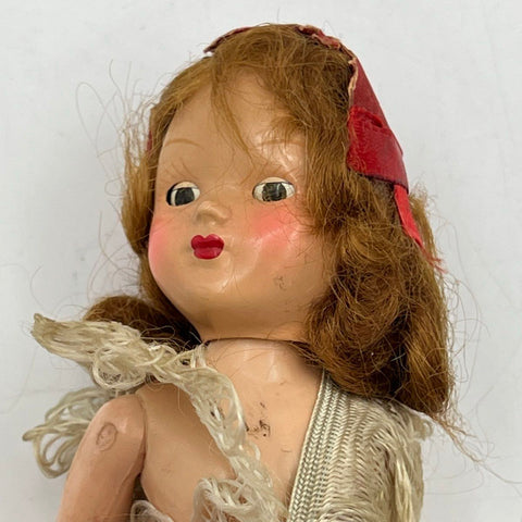 Vintage Doll Hard Plastic Polka Dot Pink Ruffle Dress 8 Inch Mid-Century