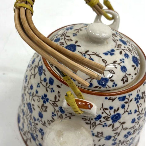 Ceramic Teapot Blue Floral Vine Pattern with Lid & Rattan Handle