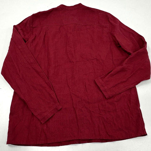 Manufacture de Lin Men's Red 100% Linen Mandarin Collar Long Sleeve Shirt XL