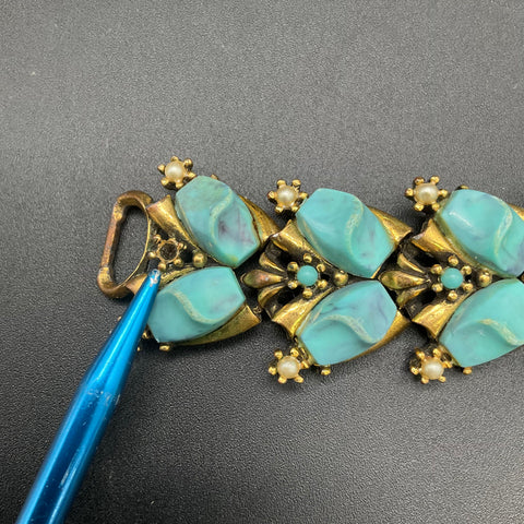 Vintage Costume Jewelry Lot 2 Bracelets Faux Turquoise Rhinestone Pearl Accents