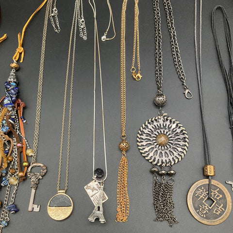 Boho Eclectic Statement Pendant Necklace Jewelry Lot of 9 Eiffel Tower Key Coin