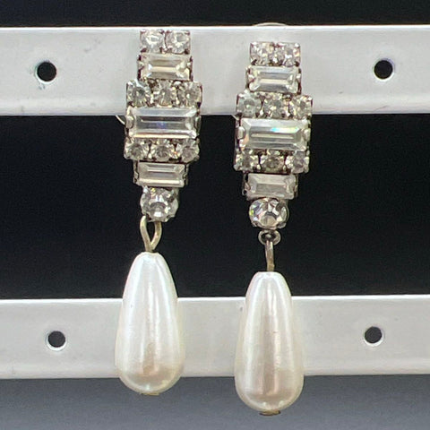 Vintage Earrings Jewelry Lot 4 Pairs Pierced Clip-On Faux Pearl Rhinestone Drop
