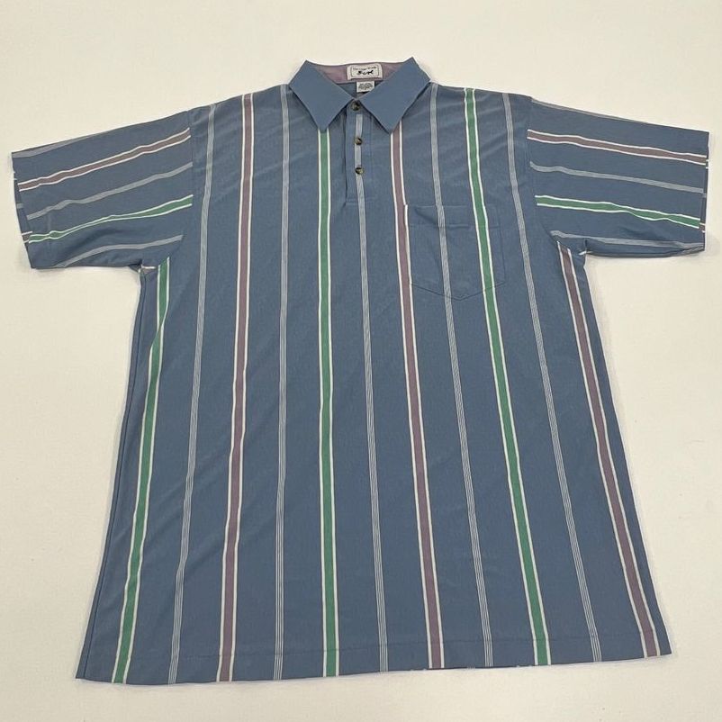 VTG Men's Carriage Trade Arrow Blue Striped Short Sleeve Polo Shirt Size Large