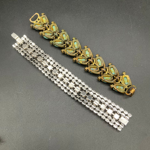 Vintage Costume Jewelry Lot 2 Bracelets Faux Turquoise Rhinestone Pearl Accents